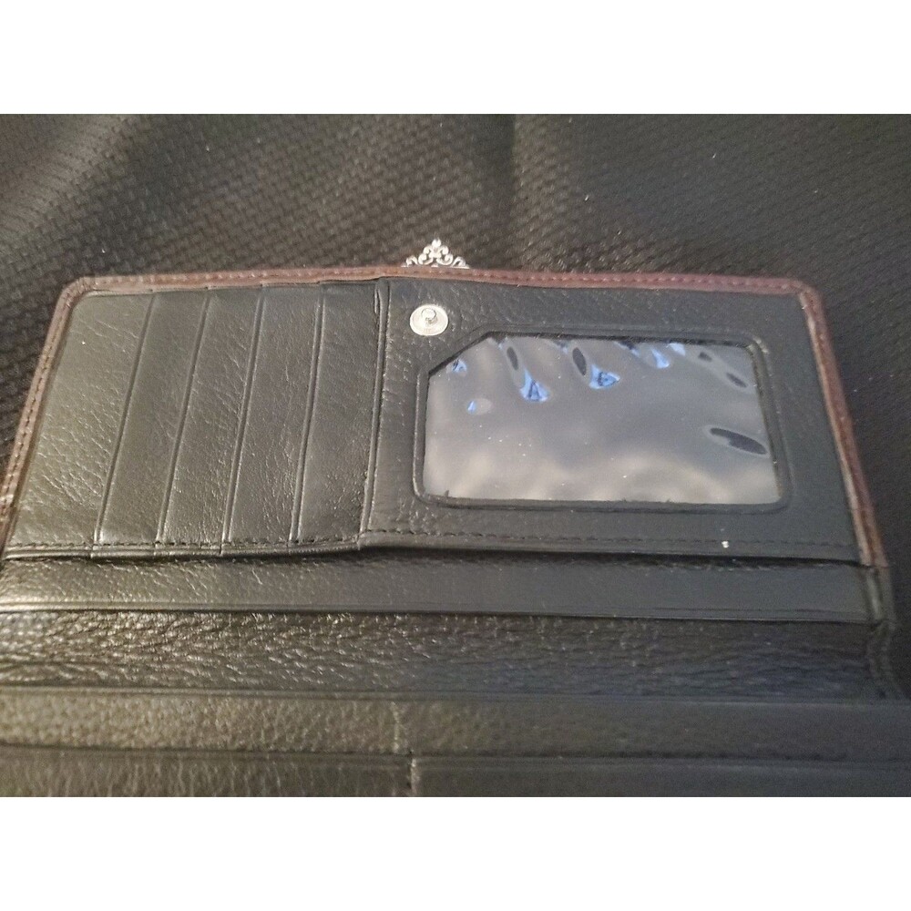 Brighton Black & Brown Leather w/silver Heart Button Close Checkbook I.D. wallet - Picture 9 of 12